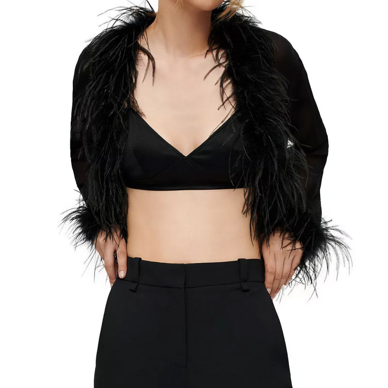 Sexy Faux Feather Trim Long Sleeve Tie Front Cropped Mesh Cardigan