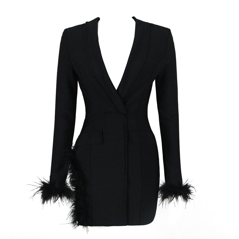 Sexy Faux Feather Trim Side Slit Shawl Collar Mini Tailored Blazer Dress - Black