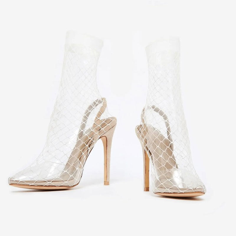 Sexy Fishnet Pointed Toe Stiletto Heel Slingback Sandals - Apricot