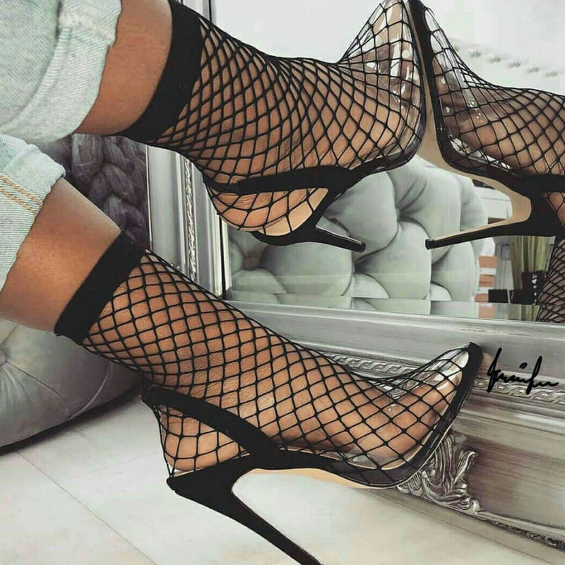 Sexy Fishnet Pointed Toe Stiletto Heel Slingback Sandals - Black