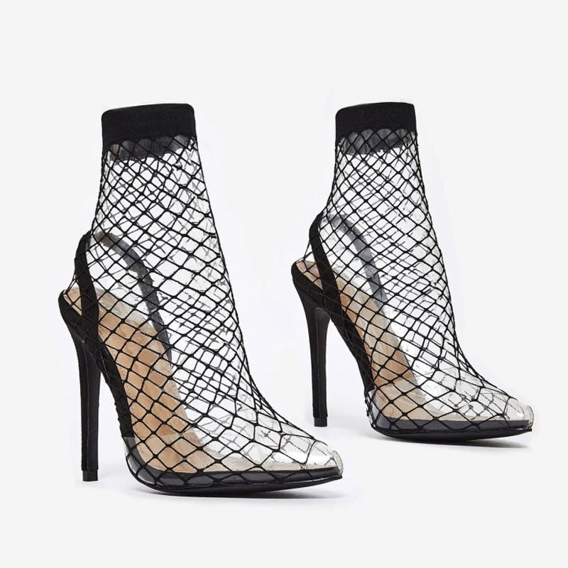 Sexy Fishnet Pointed Toe Stiletto Heel Slingback Sandals - Black