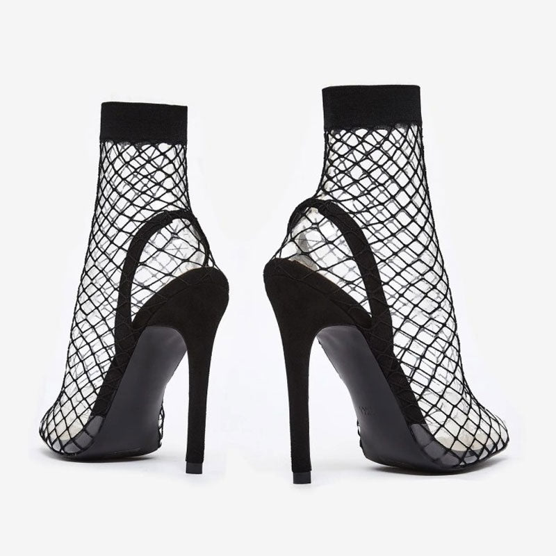 Sexy Fishnet Pointed Toe Stiletto Heel Slingback Sandals - Black