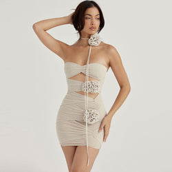 Sexy Flower Detail Ruched Cut Out Strapless Mesh Mini Dress - Grey