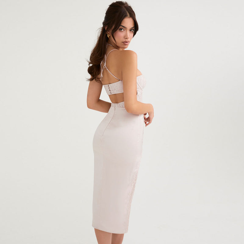 Sexy Halter Lace Panel Cutout Slit Satin Midi Slip Dress - White