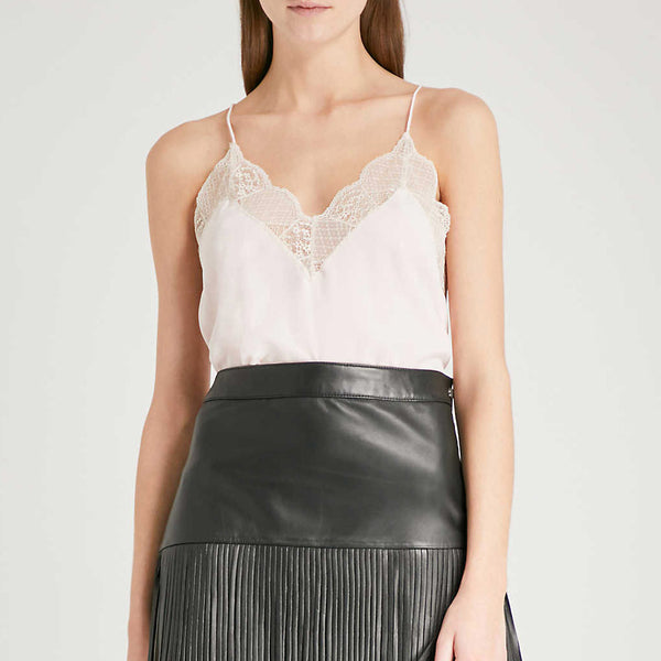 Sexy Lace Panel Spaghetti Strap Deep V Silk Top - White