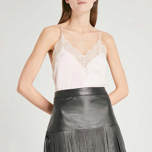Sexy Lace Panel Spaghetti Strap Deep V Silk Top - White
