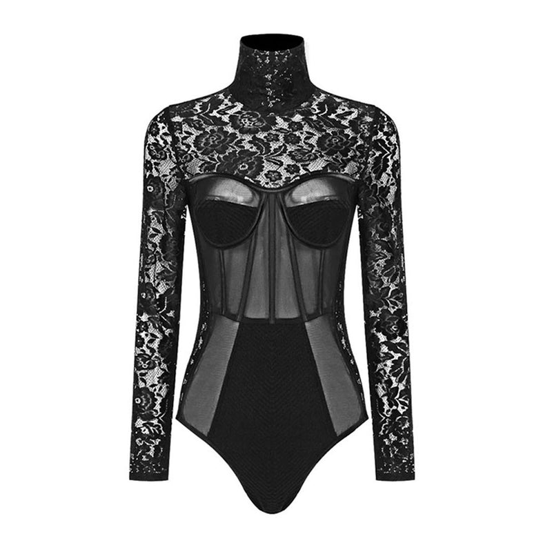 Sexy Mesh Panel High Neck Long Sleeve Floral Lace Corset Bodysuit –  Luxedress