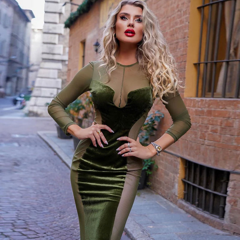 Sexy Mesh Panel Sheer Long Sleeve Mermaid Maxi Velvet Dress - Olive Green