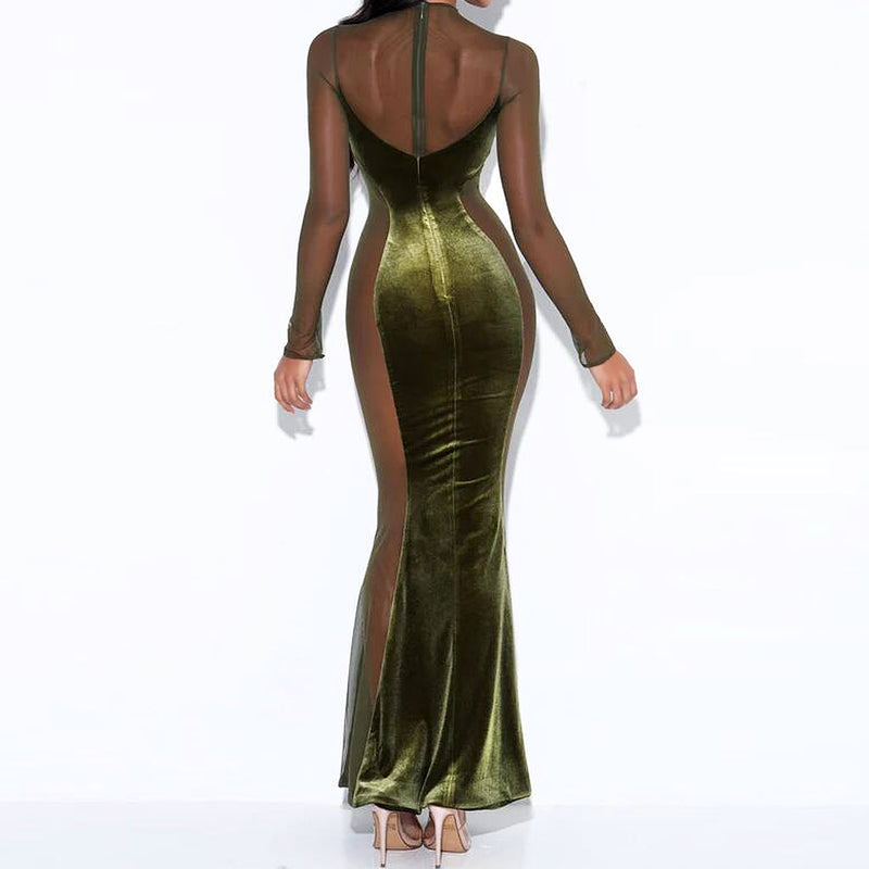 Sexy Mesh Panel Sheer Long Sleeve Mermaid Maxi Velvet Dress - Olive Green