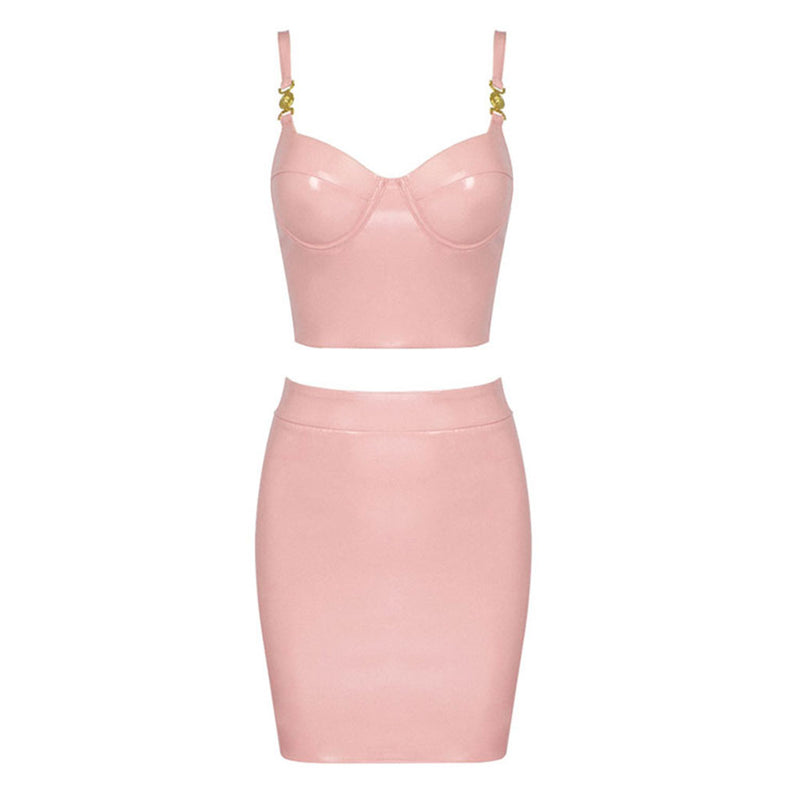 Sexy Metallic Detail Bustier Crop High Waist Bodycon Vegan Leather Matching Set