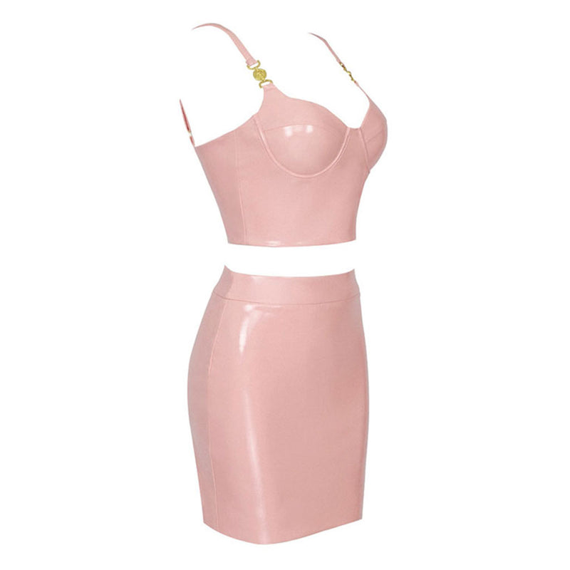 Sexy Metallic Detail Bustier Crop High Waist Bodycon Vegan Leather Matching Set