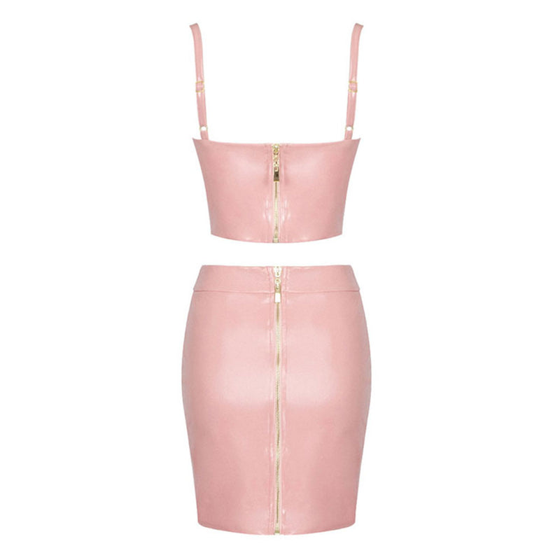Sexy Metallic Detail Bustier Crop High Waist Bodycon Vegan Leather Matching Set