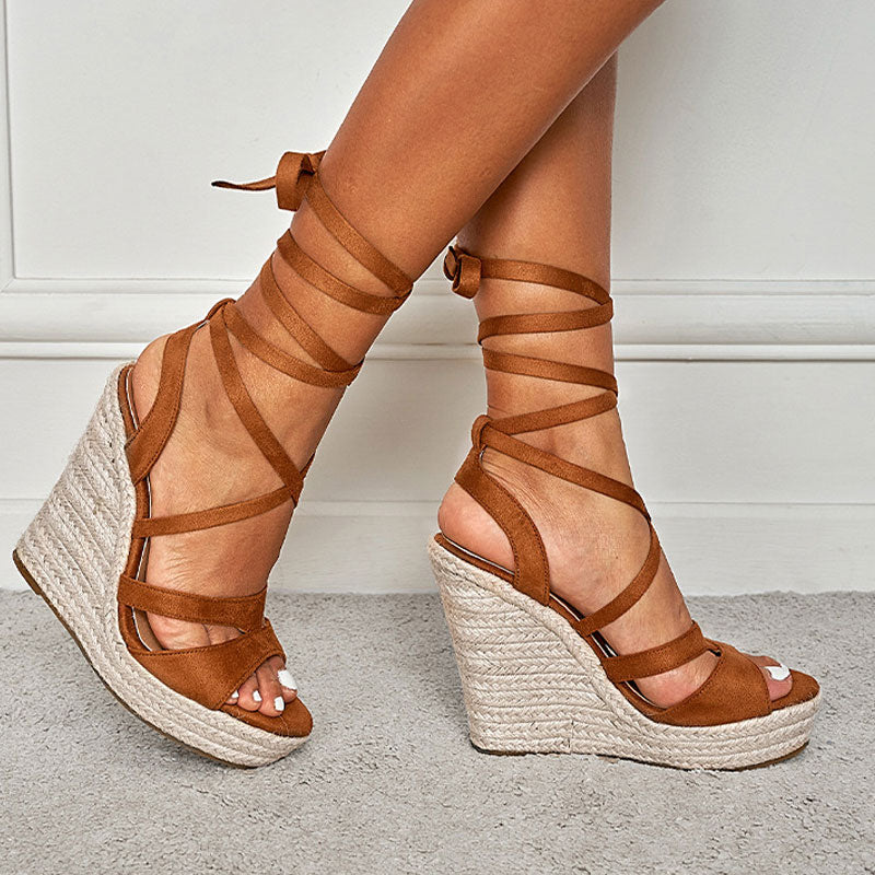 Sexy Open Toe Strappy Suede Lace Up Ankle Tie Wedge Espadrilles - Brown