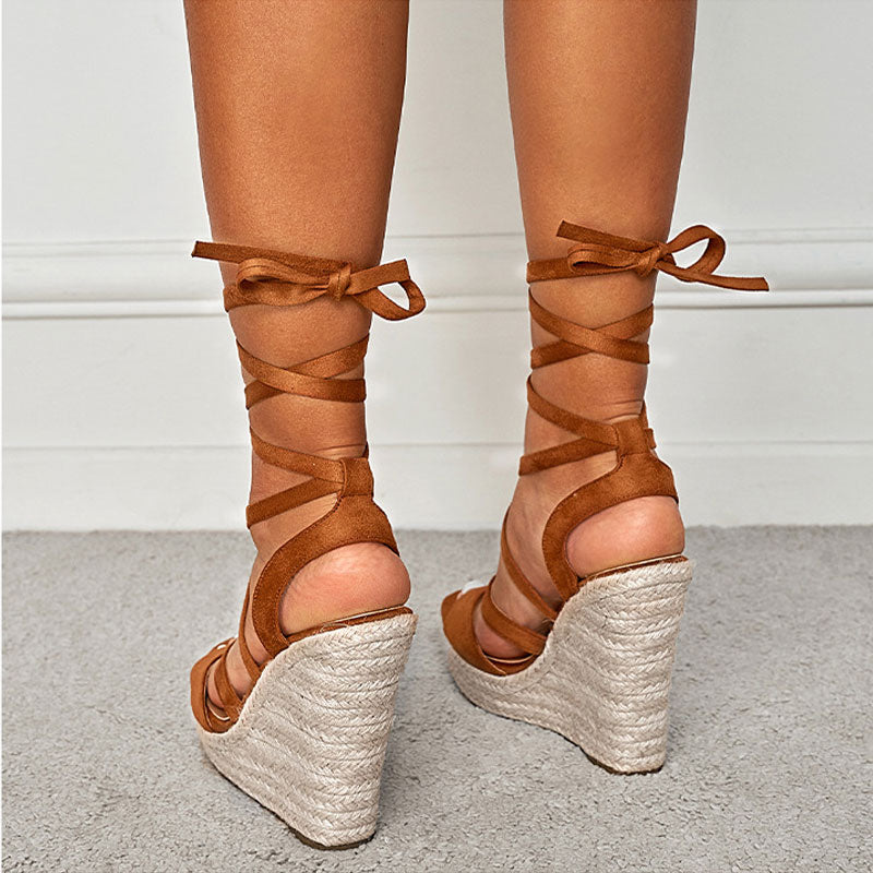 Sexy Open Toe Strappy Suede Lace Up Ankle Tie Wedge Espadrilles - Brown