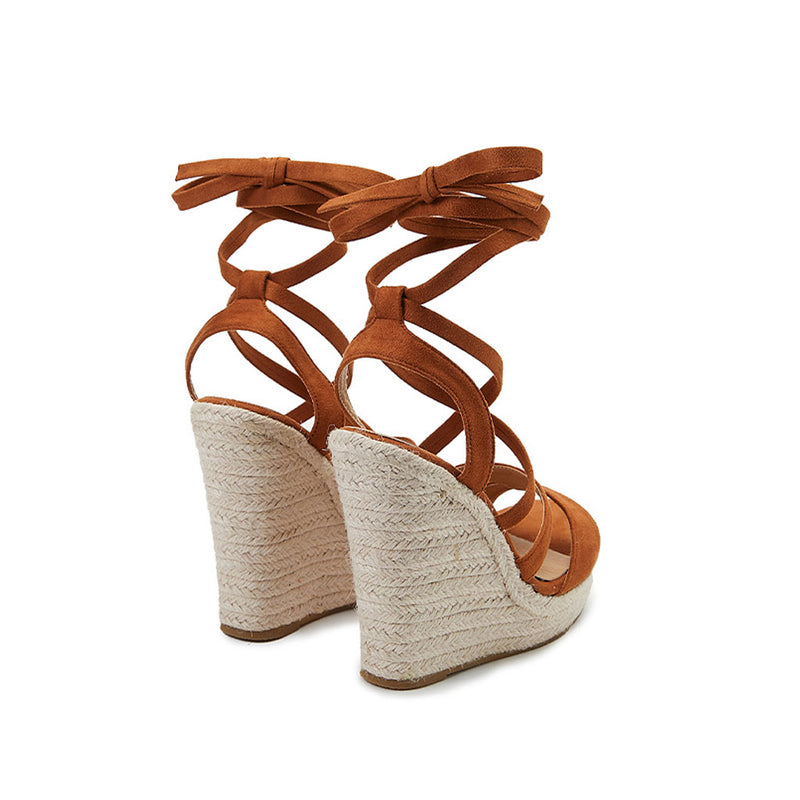 Sexy Open Toe Strappy Suede Lace Up Ankle Tie Wedge Espadrilles - Brown