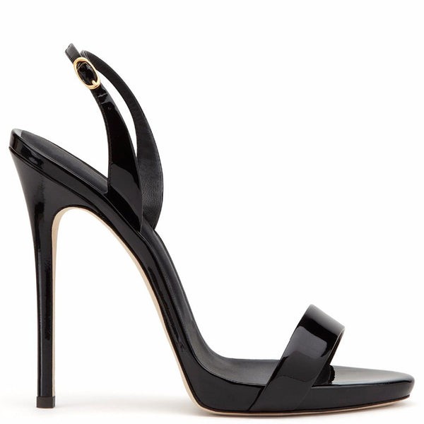 Sexy Patent Leather Round Toe Stiletto Halter Slingback Sandals - Black
