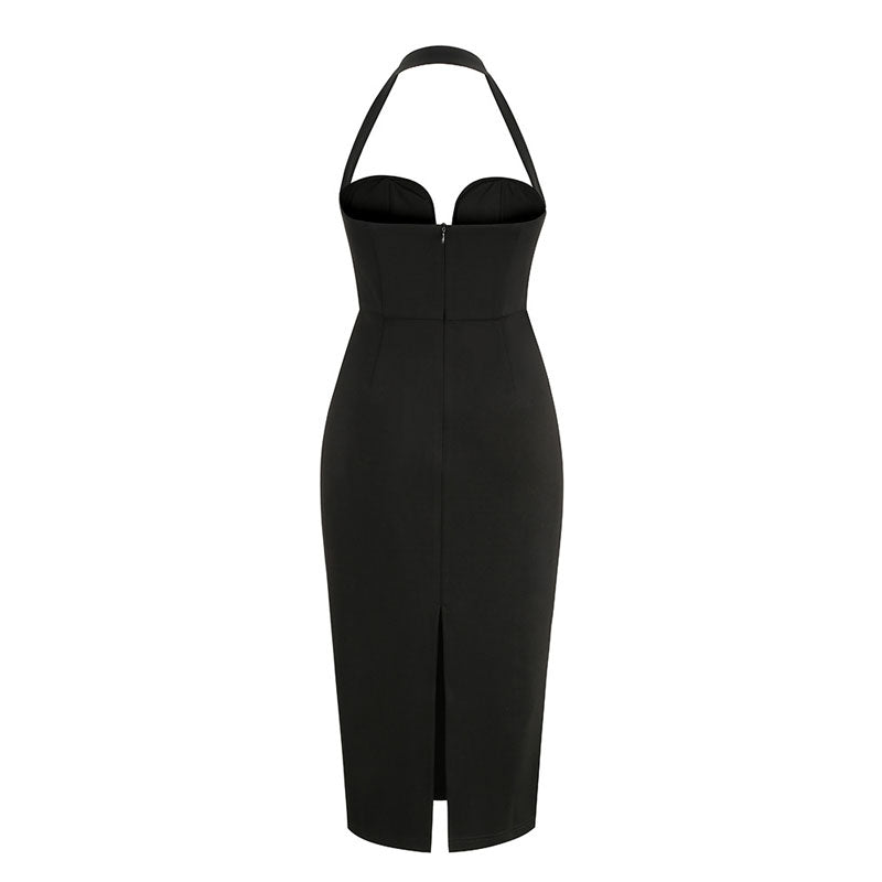 Sexy Plunging Halter Neck Back Slit Sleeveless Bodycon Midi Dress - Black