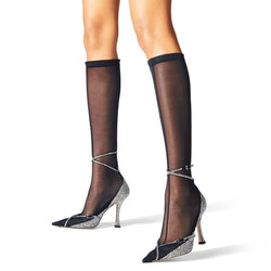 Sexy Rhinestone Detail Knee High Stiletto Mesh Sock Boots - Black