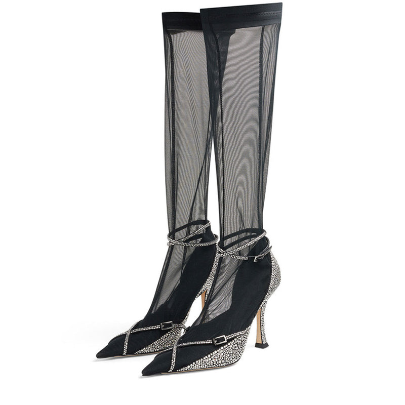 Sexy Rhinestone Detail Knee High Stiletto Mesh Sock Boots - Black