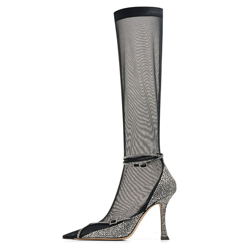 Sexy Rhinestone Detail Knee High Stiletto Mesh Sock Boots - Black