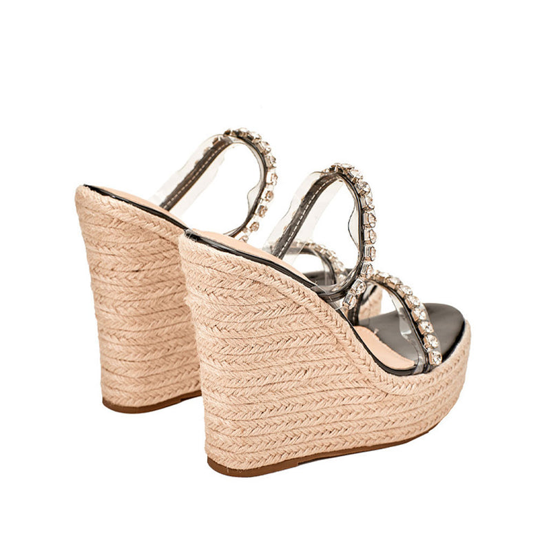 Sexy Rhinestone Detail PVC Dual Band Round Toe Espadrille Wedges - Black