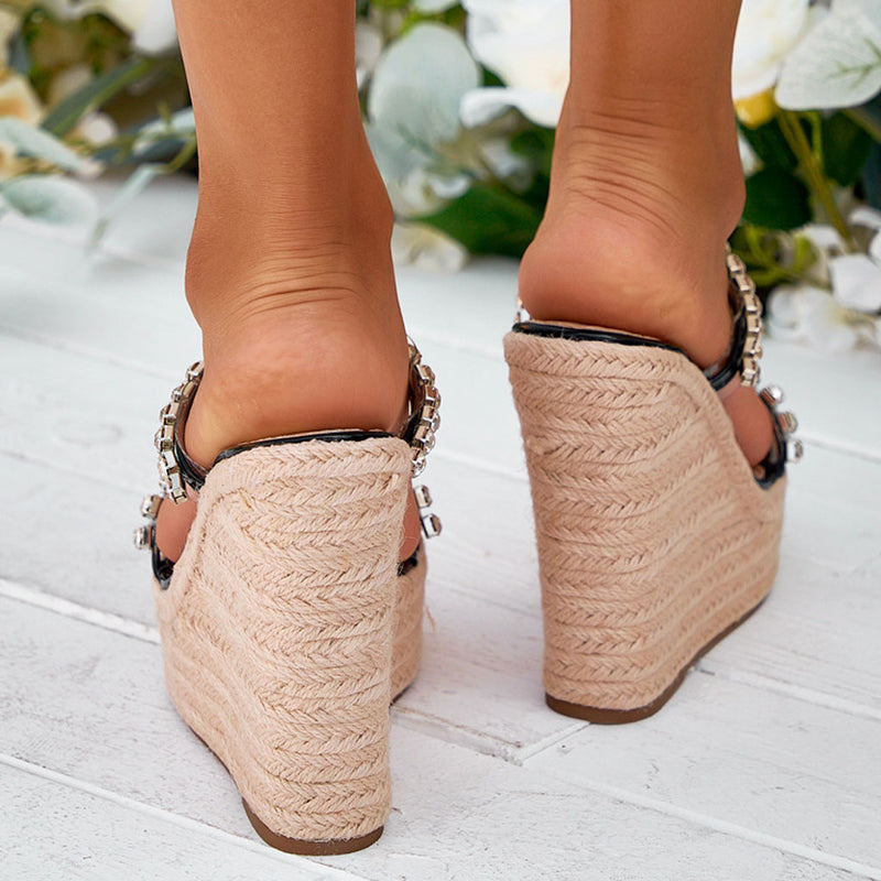 Sexy Rhinestone Detail PVC Dual Band Round Toe Espadrille Wedges - Black