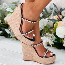 Sexy Rhinestone Detail PVC Dual Band Round Toe Espadrille Wedges - Black