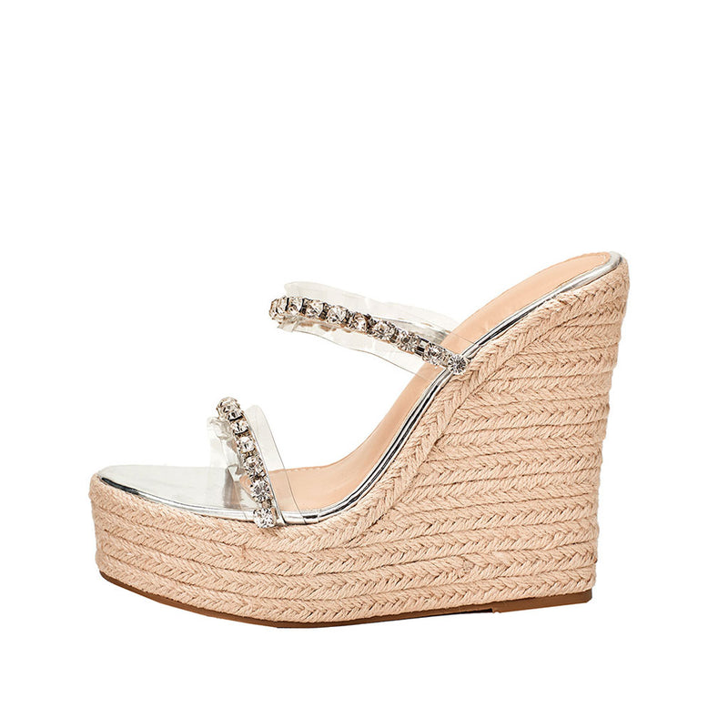 Sexy Rhinestone Detail PVC Dual Band Round Toe Espadrille Wedges - Silver