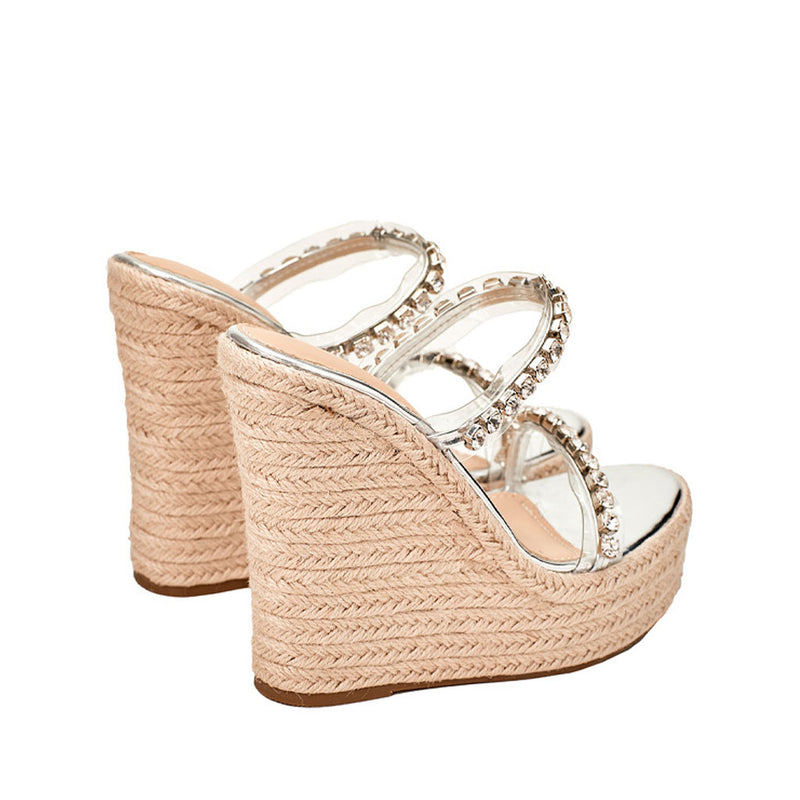 Sexy Rhinestone Detail PVC Dual Band Round Toe Espadrille Wedges - Silver
