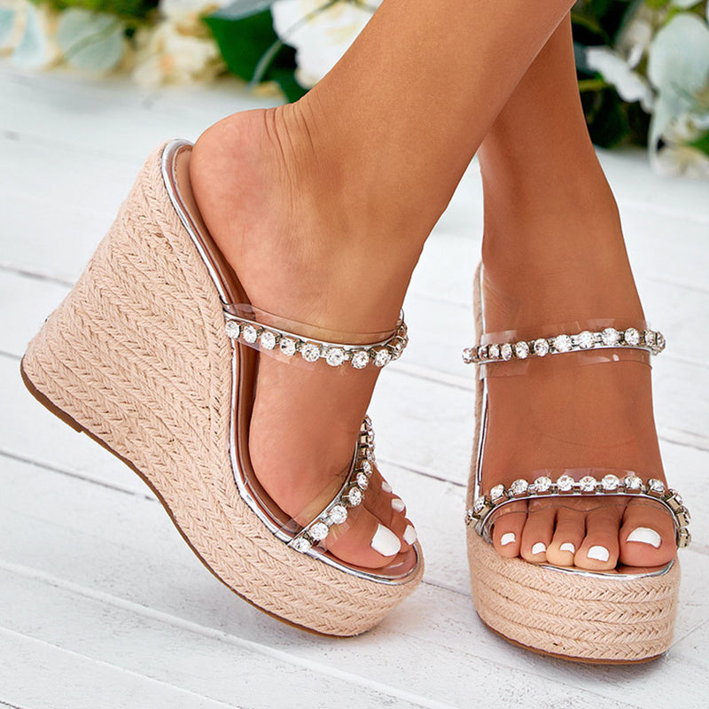 Sexy Rhinestone Detail PVC Dual Band Round Toe Espadrille Wedges - Silver