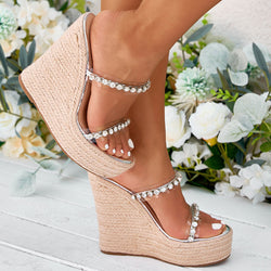 Sexy Rhinestone Detail PVC Dual Band Round Toe Espadrille Wedges - Silver