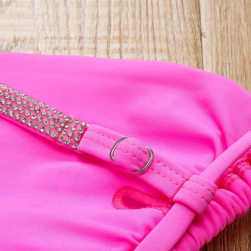 Sexy Rhinestone String Cheeky Sliding Triangle Bikini Set - Pink