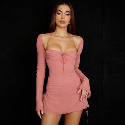 Sexy Self Tie Cutout Long Sleeve Mesh Halter Mini Dress - Pink