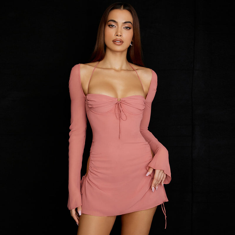 Sexy Self Tie Cutout Long Sleeve Mesh Halter Mini Dress - Pink