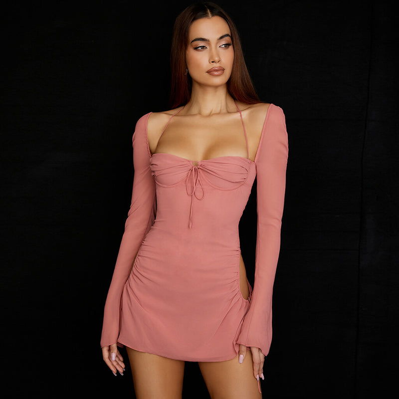 Sexy Self Tie Cutout Long Sleeve Mesh Halter Mini Dress - Pink