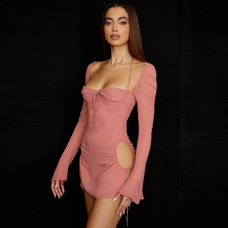 Sexy Self Tie Cutout Long Sleeve Mesh Halter Mini Dress - Pink