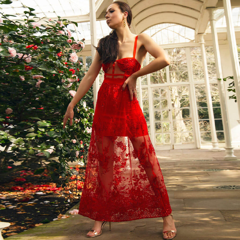 Women Red V-Neck Long Sleeve Georgette Maxi Dress – SVB Ventures