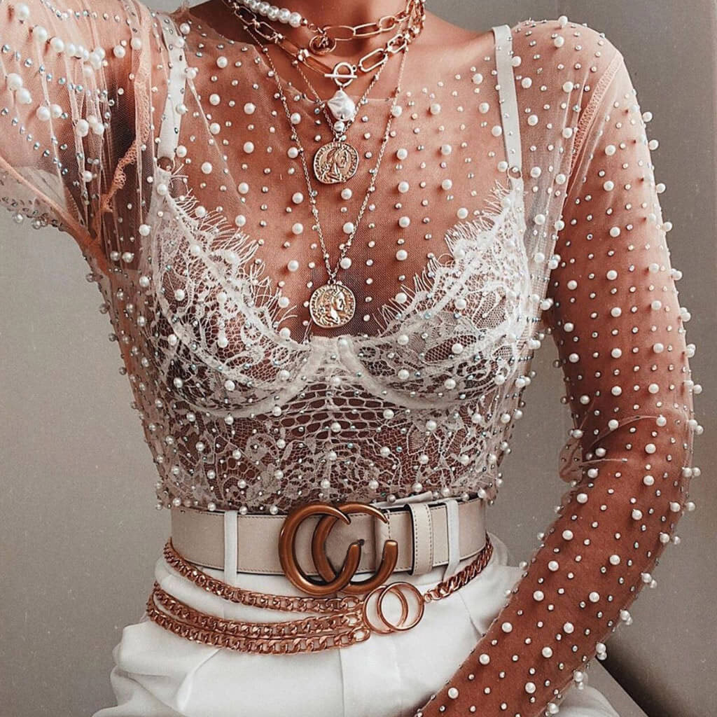 Luxury Faux Pearl and Sequin Embellished Long Sleeve Sheer Mesh Crop T –  Luxedress