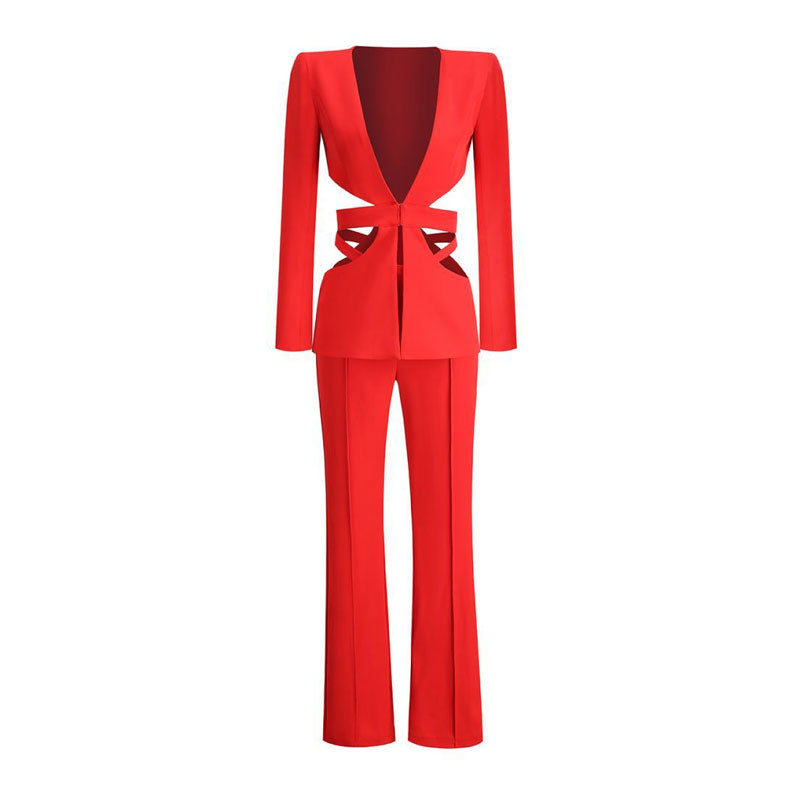 Sexy Side Cutout Long Sleeve Plunging Neck Tailored Blazer Matching Set - Red