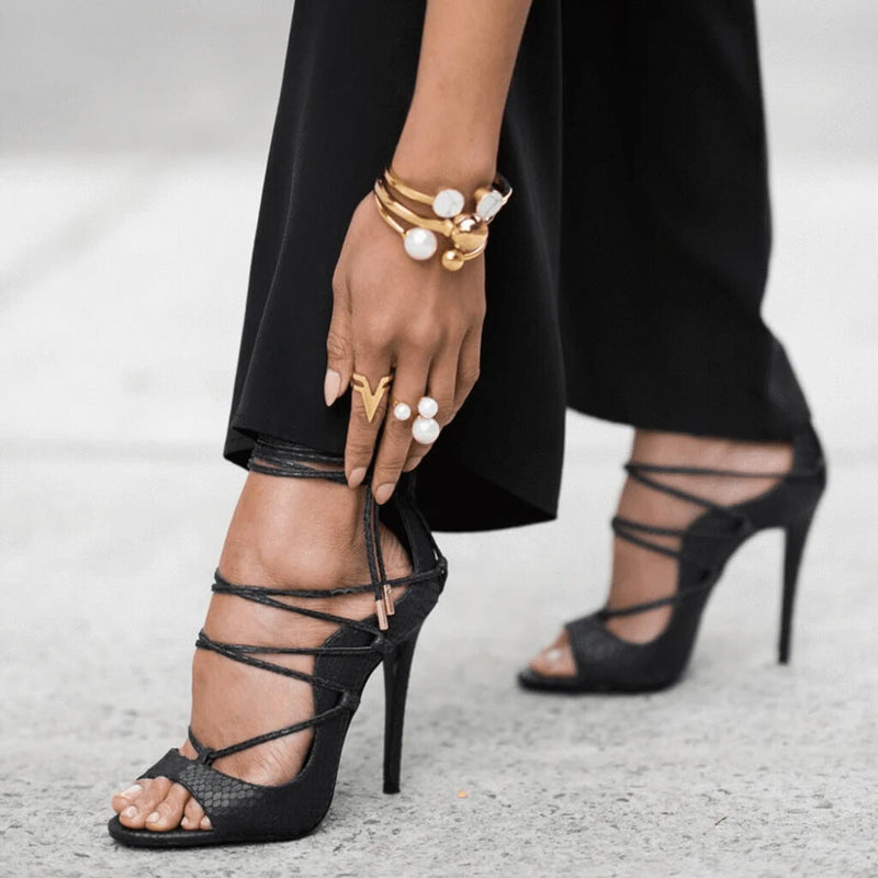 Sexy Snake Effect Lace Up High Heel Sandals - Black
