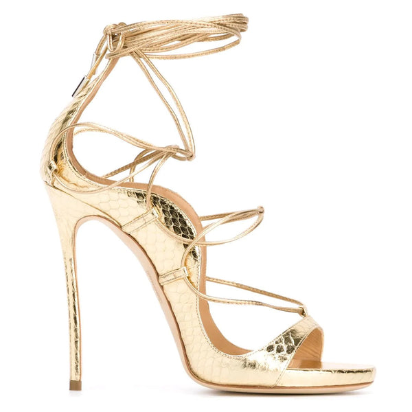 Sexy Snake Effect Lace Up High Heel Sandals - Gold