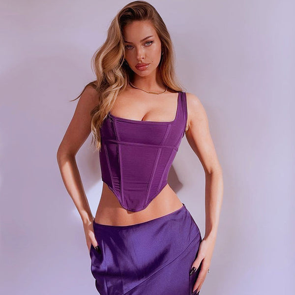 Sexy Square Neck Mesh Sheer Corset Cropped Tank Top - Purple
