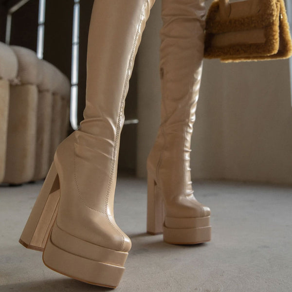 Sexy Square Toe Over Knee Platform Chunky Heeled Boots - Apricot