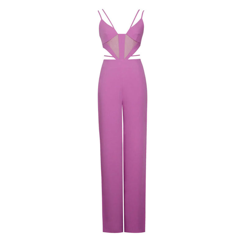 Sexy Strappy Cutout Mesh Panel Wide Leg Bandage Jumpsuit