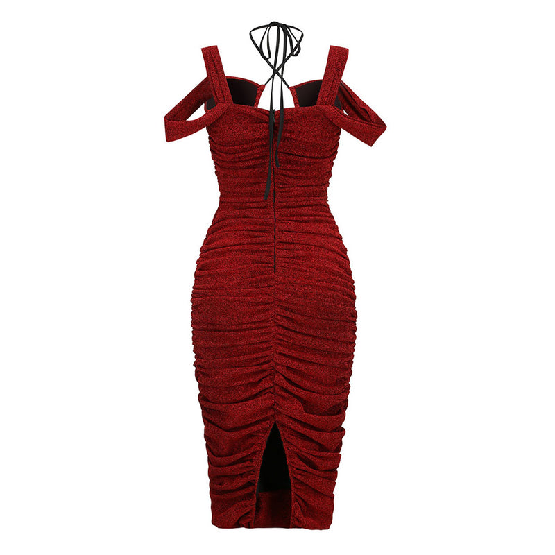 Sexy Strappy Plunging Neck Cutout Back Slit Ruched Bodycon Mini Dress