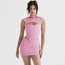 Sexy Textured Jacquard Cutout Crop Corset Mini Bodycon Skirt Matching Set - Pink