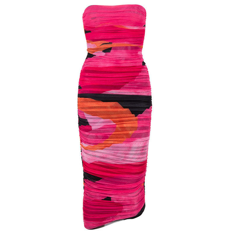 Sexy Tie Dye Ruched Strapless Bodycon Mesh Midi Party Dress - Rose