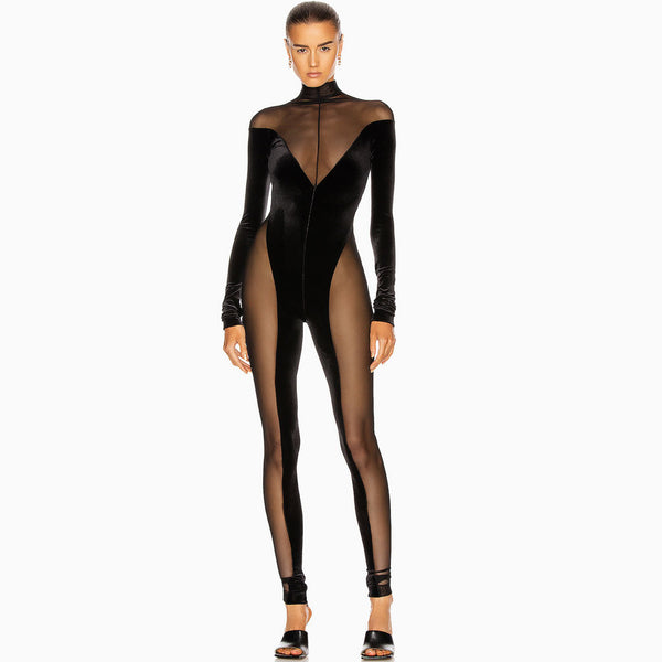Sexy Turtleneck Sheer Mesh Long Sleeve Velvet Jumpsuit - Black