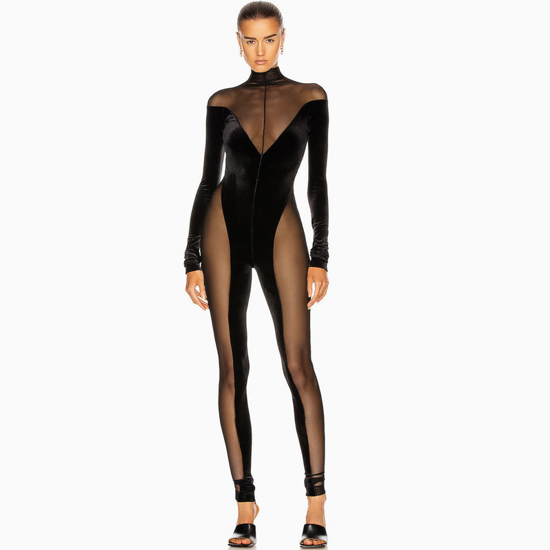 Sexy Turtleneck Sheer Mesh Long Sleeve Velvet Jumpsuit - Black
