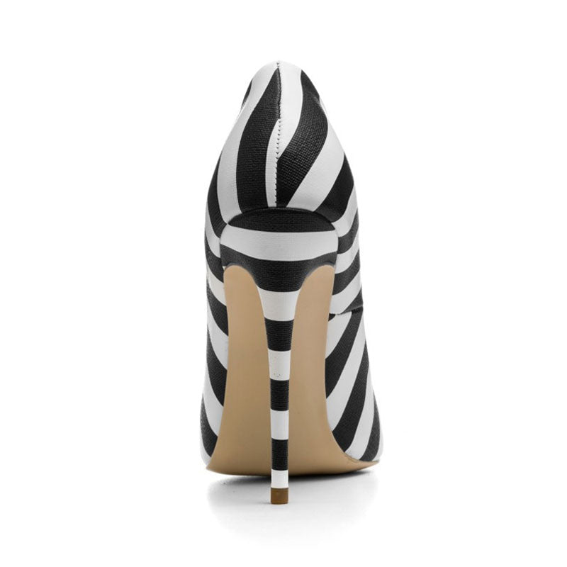 Sharp Studded Pointed Top Striped Print High Heel Pumps - Black